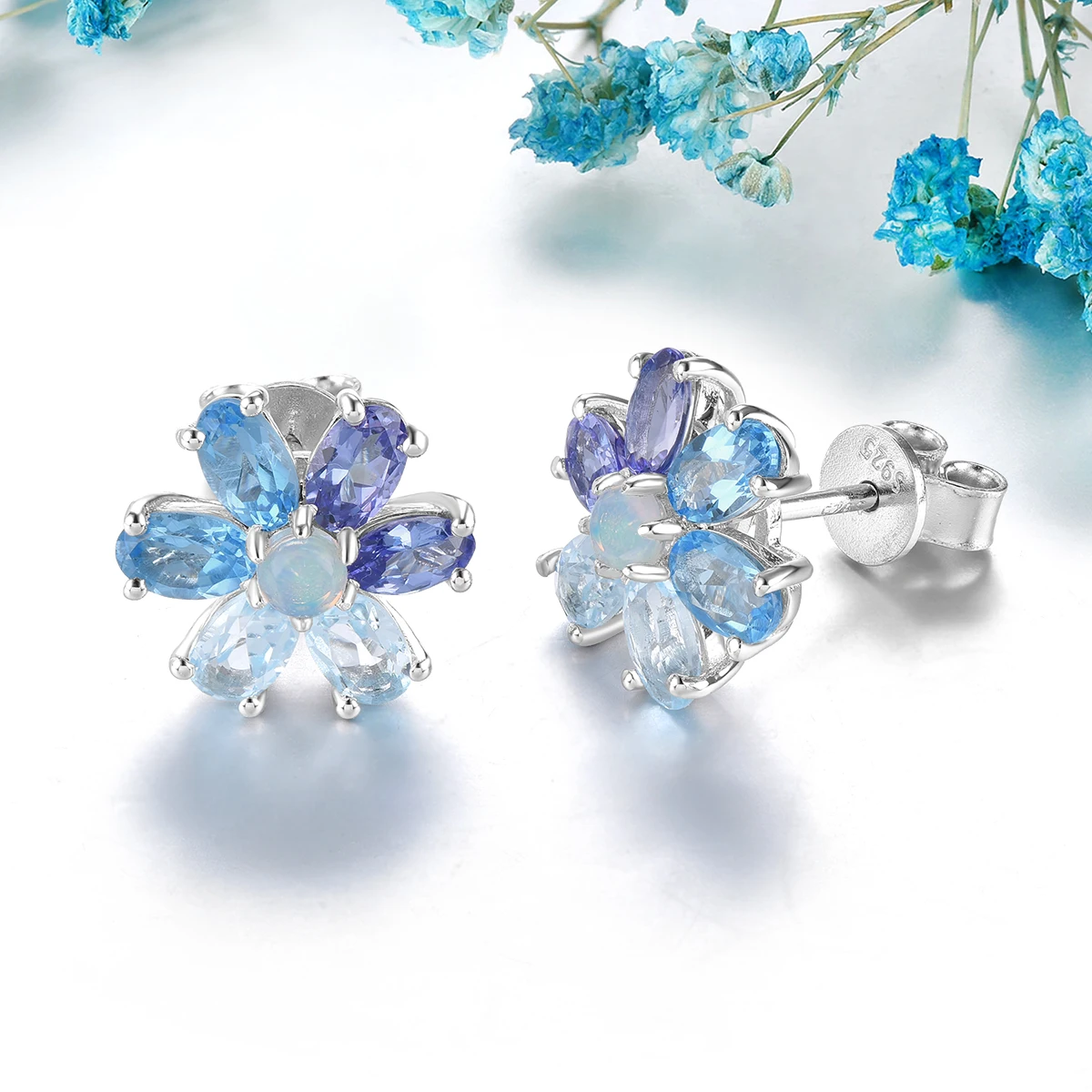 Natural Opal Tanzanite Sterling Silver Stud Earring 3 Carats Genuine Multicolor Gemstone Romantic Fine Jewelrys Women Gifts