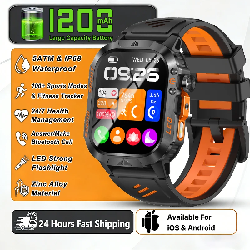 2026New 1200mAh Battery Military Smartwatch Men IP68 Waterproof Fitness Tracker Health Sleep Monitor Smart Watch For iOS Android