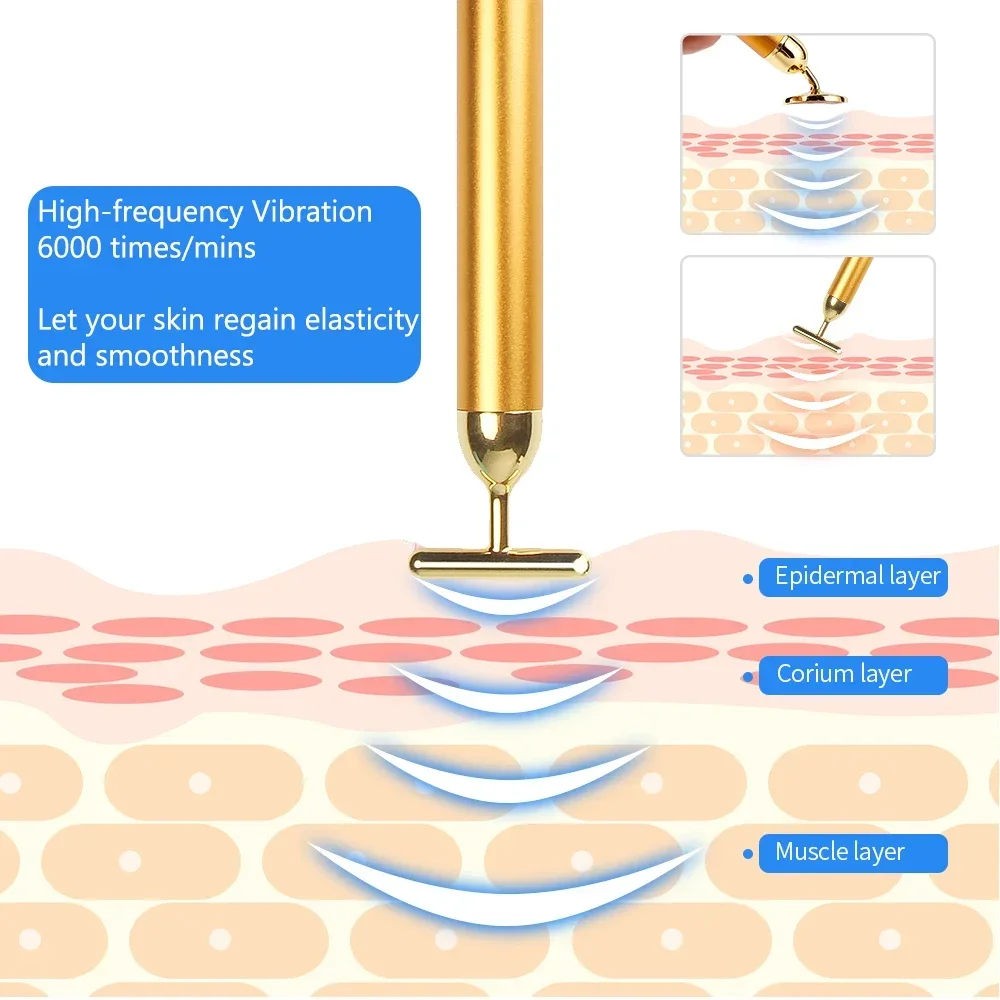 しわのないマッサージスティック,24k,ゴールド,フェイスリフト,ローラー,振動,フェイシャルビューティー,スキンケア,振動ツール,バー,1個
