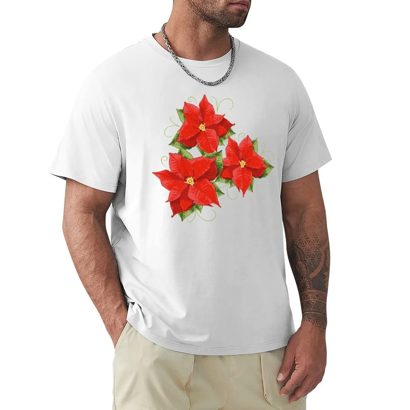 Poinsettias with leaves. Christmas Flower. T-Shirt anime vintage clothes shirts graphic tees mens t shirt graphic