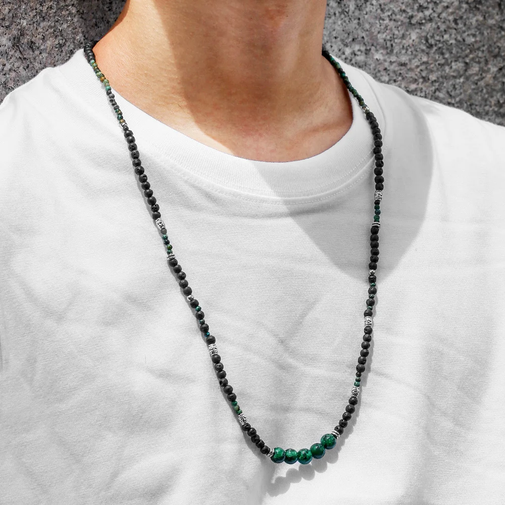 1 قطعة بوهيميا خمر الأسود Lave حجر طويل مطرز قلادة للرجال القبلية العرقية أفريقيا حجر قلادة رجل مجوهرات #3