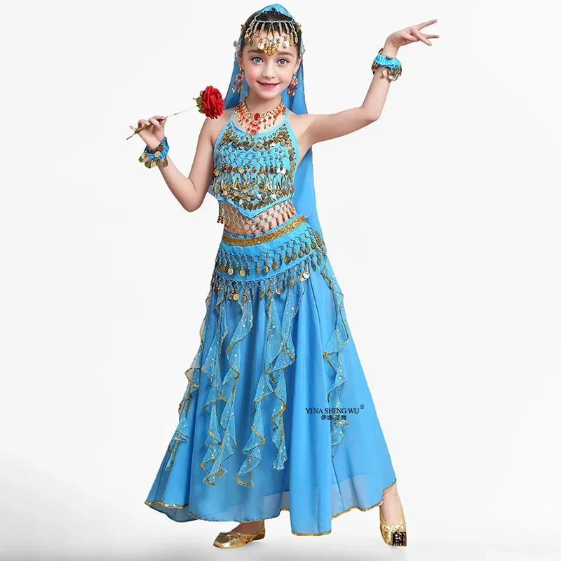 Bollywood Oosterse Buikdanskostuums Set voor Meisjes Kinderen 2/6 stks Sari Indiase Jurk Professionele Danspraktijkkleding
