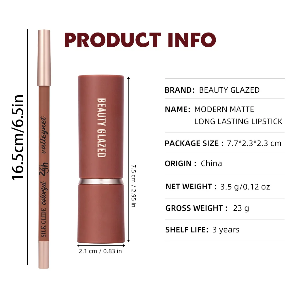 2Pcs/Set Matte Velvet Lipstick and Lip Glaze Set Long Lasting Waterproof Pink Tones Everyday Makeup Look Lip Combo Set - view 5