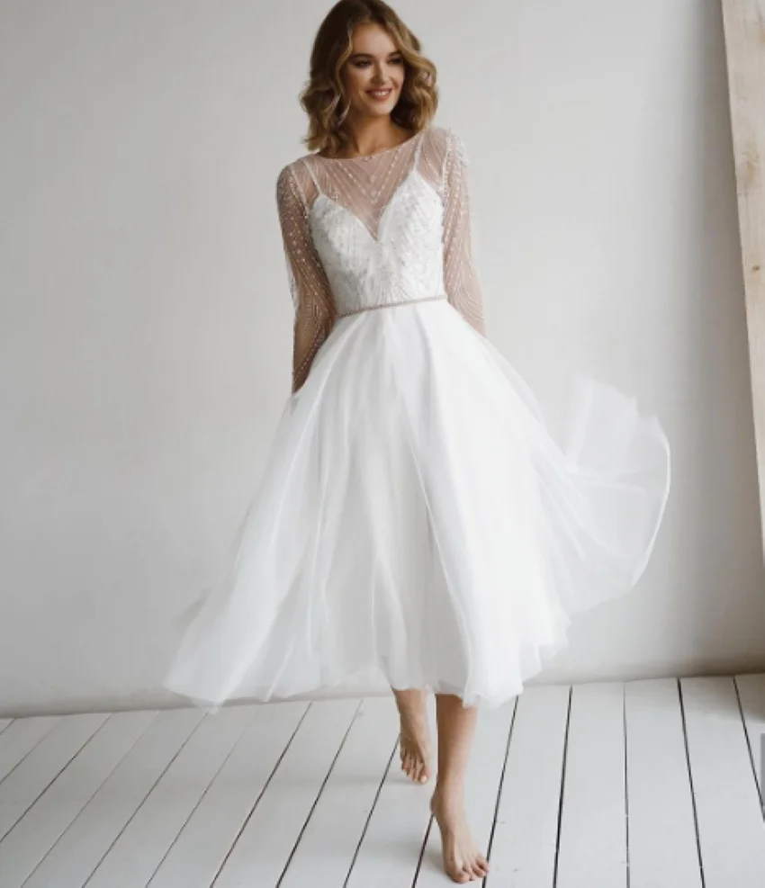 Long Sleeves Beading Sashes Backless Appliques Party Gown Robe De Mariee Mid Calf A Line Elegant Short Wedding Dress 2024