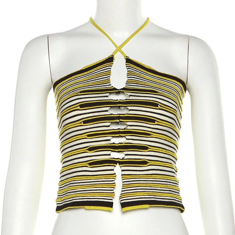 2023 夏のファッショントレンディな婦人服新スタイルぶら下げネックベアバックストライプ痩身ニットタンクトップ