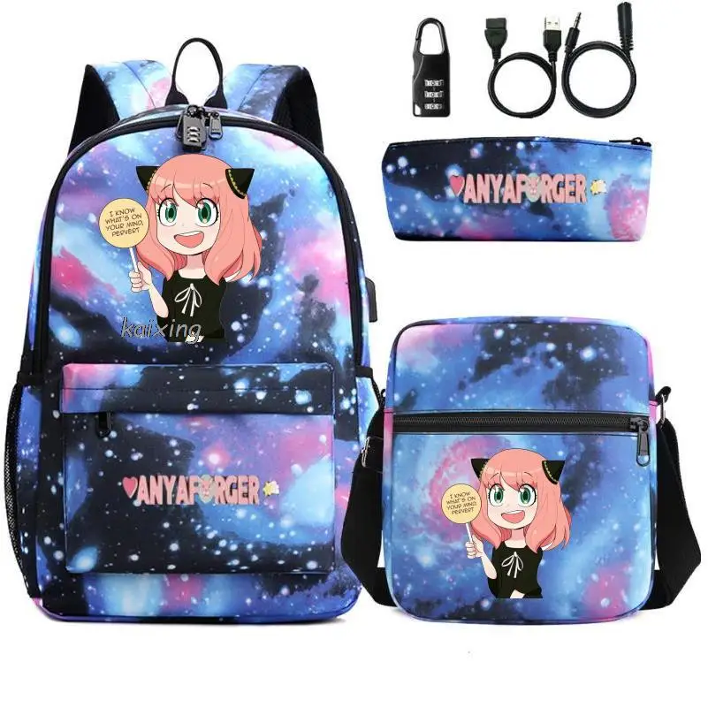 3 pz/set Anime Spy X Family Usb zaino studente adolescenti Bookbag zaino sportivo per ragazza Bagpack Laptop adolescenti zaino da viaggio