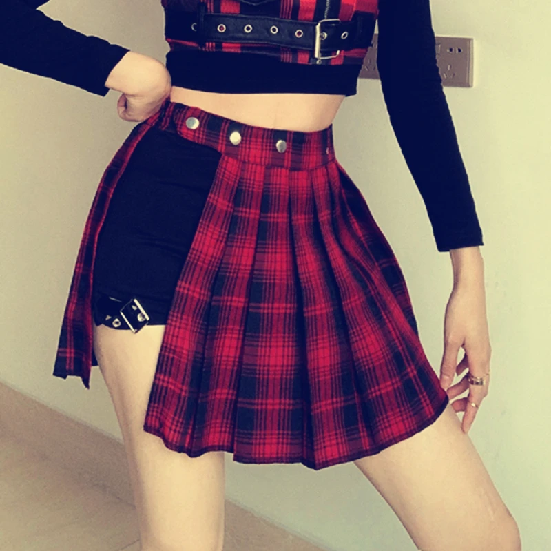 Women Short Skirt Fashion Tartan Red Pleated Skirts Streatwear Plaid Side Button Skirt Womens Casual Mini Skirt