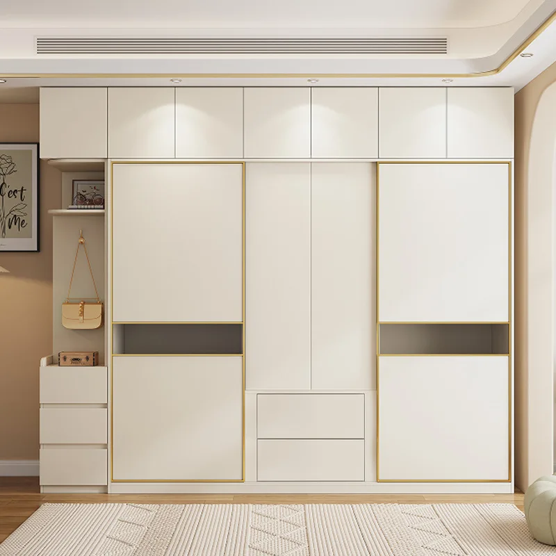 

Cream style solid wood sliding door wardrobe home bedroom wardrobe hanging area multi-storage cabinet sectional large wardrobe