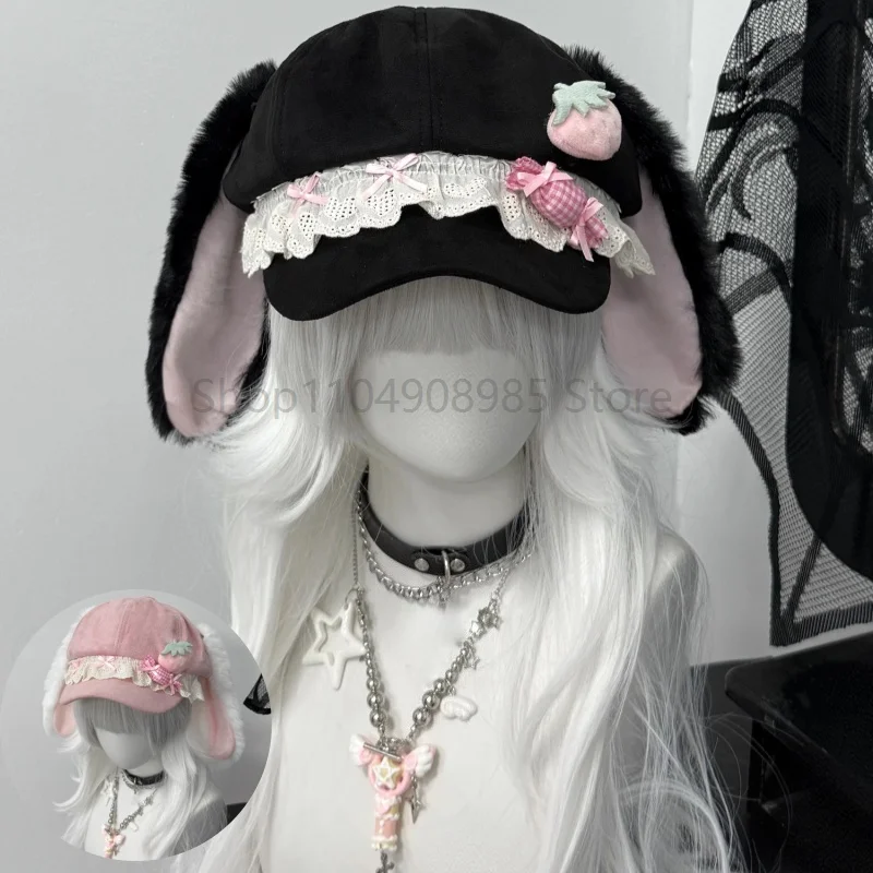 

Японская Лолита, клубничная мягкая конфетная шляпа, берет с кружевным бантом для девочек, очаровательная восьмиугольная шляпа