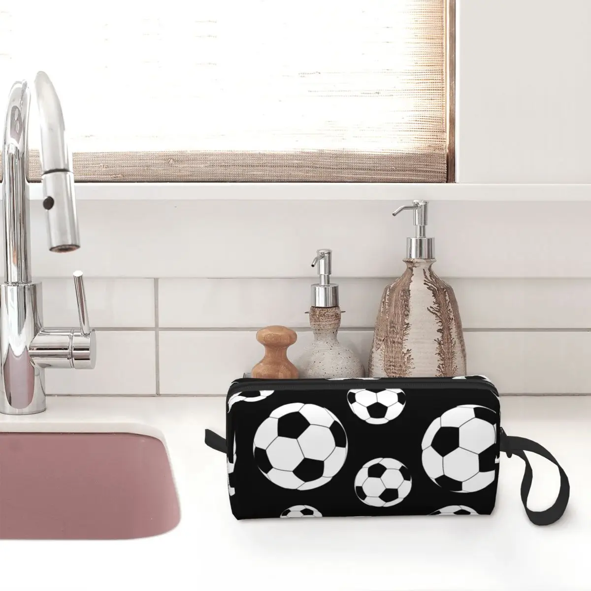 Custom Kawaii Soccer Sports Ball Travel Toiletry Bag for Women Cosmetic Makeup Bag Beauty Storage Dopp Kit image 4