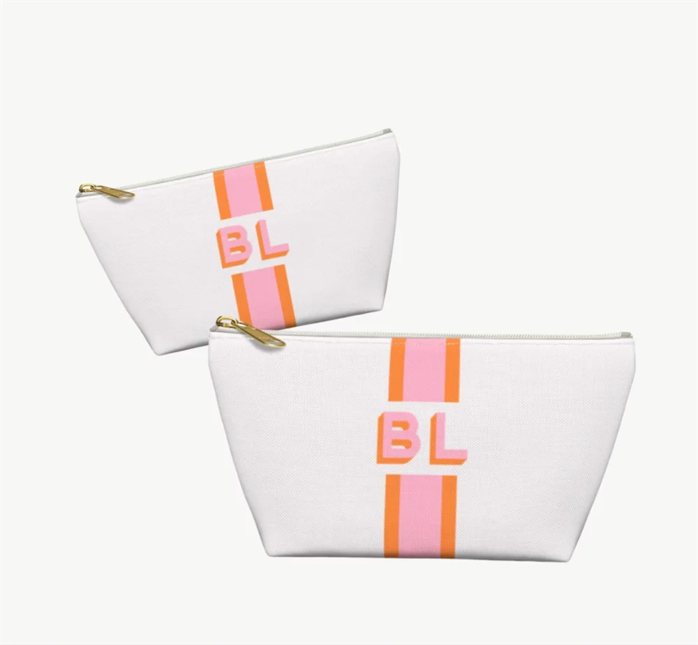 parchment canvas stripe shadow monogram pouch personalized makeup initial cosmetic bag custom bridesmaid bachelotte pouch