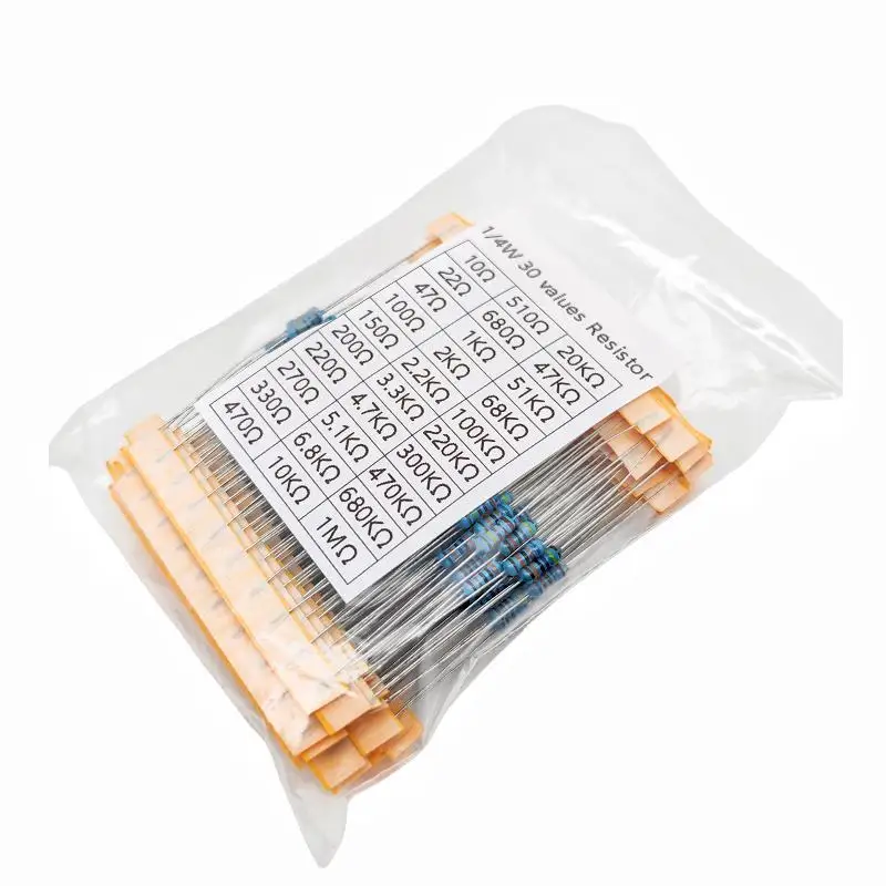 300-600pcs/set 30 Kinds 1/4W Resistance 1% Metal Film Resistor Pack Assorted Kit 1K 10K 100K 220ohm 1M Resistors 300pcs/set