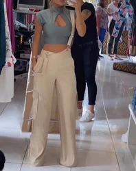 Fujian-mono Central para mujer, pantalones de cintura alta con bolsillos, sin mangas, con correa de pierna recta, moda Popular, 2024, en Stock