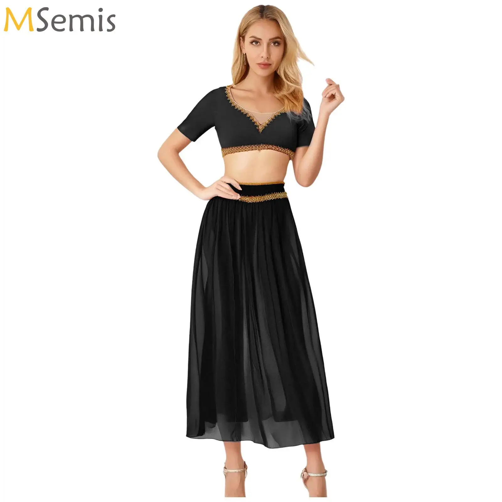 

Womens Oriental Indian Set Halloween Arabian Princess Belly Bellywood Costume Crop Top Long Chiffon Skirt Gold Trim Dance Outfit
