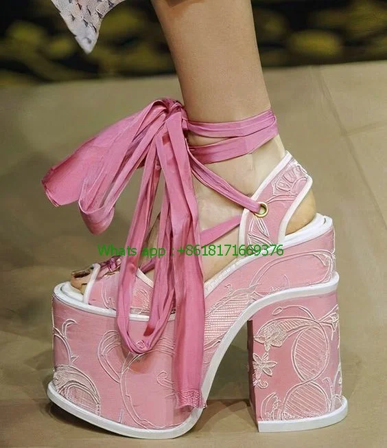 Pretty Round Toe Platform Embroidered Sandals Girl Sexy Women Strap Chunky High Heel Wedge Lace up Sandals Fashion Ladies Shoes