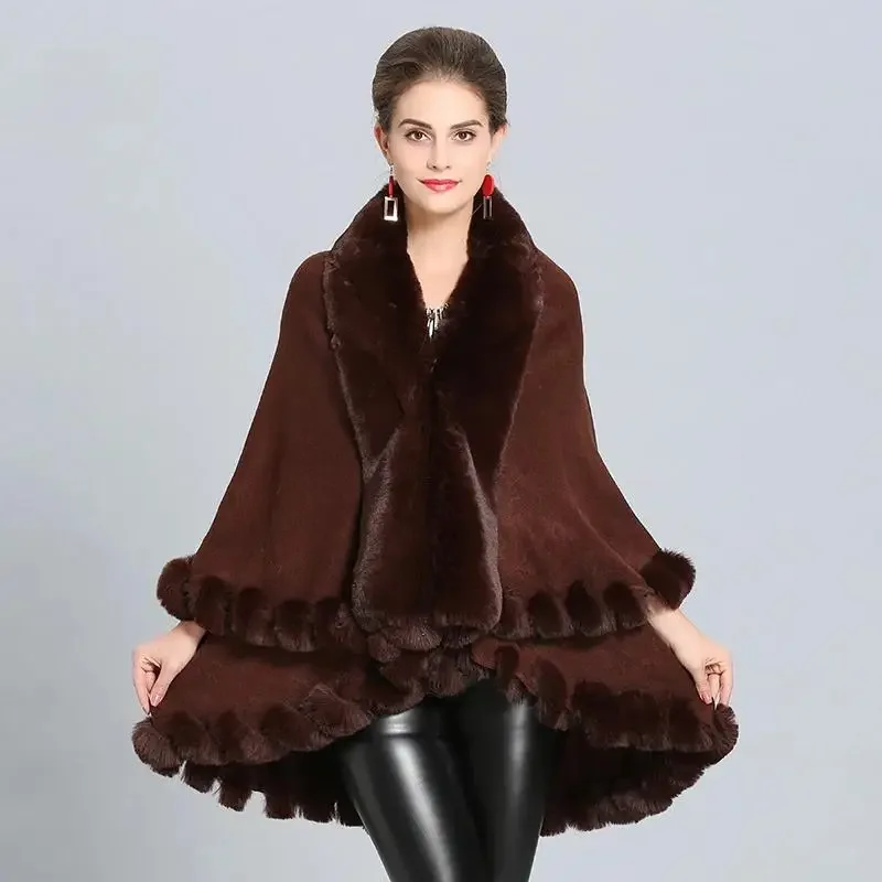 10 Colors 2 Layers Women Winter Cappa Shawl Big Faux Rex Rabbit Fur Collar Long Knited Poncho Overcoat Wraps Fur Pashmina Cloak