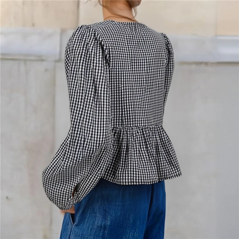 Top scozzesi casual autunnali da donna Manica lunga Girocollo Cravatta sul davanti T-shirt babydoll Camicie e camicette da donna Top femminile elegante