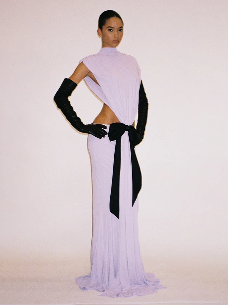 VC Stijlvolle chique witte halter mouwloze rugloze uitsnijding met strikdetail maxi-jurk avondjurk