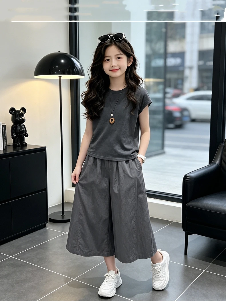 Girls' summer thin outfit new children's korean version fashion trend gray short-sleeved +wide leg pants 2pcs set kids clothing