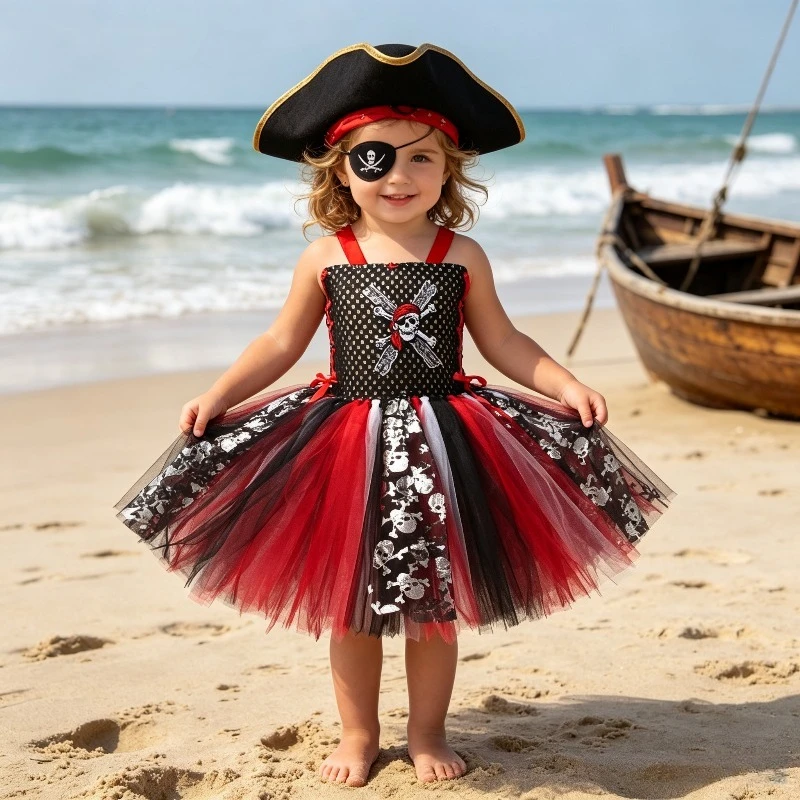 Vestido de Pirata de Halloween con Falda Tutú de Malla de Esqueleto en Contraste Rojo y Negro, Conjunto para Actuaciones de Piratas en Fiestas