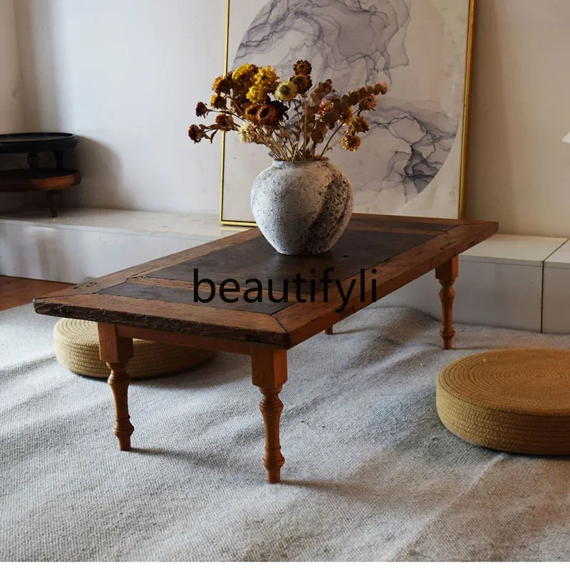 

yj9 Wooden coffee table\ Wabi Sabi medieval retro style all solid wood round tea table