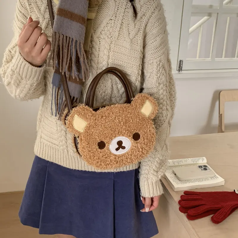 Bolsa Transversal de Pelúcia Kawaii Rilakkuma com Alça Superior Feminina, Novo Estilo 2025, Bolsa Quadrada Pequena Versátil Bordada com Pingente de Urso