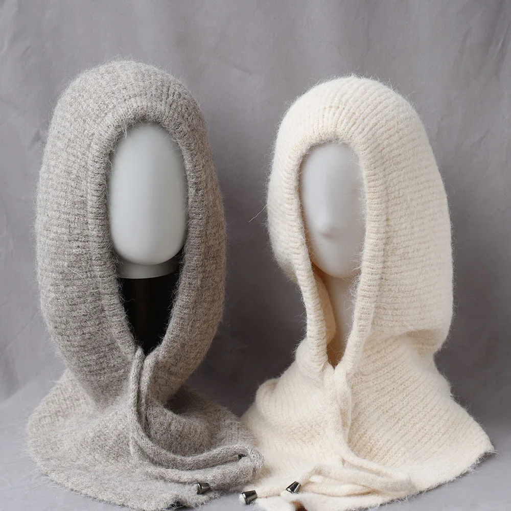 Knitted Ear Face Neck Protection One Piece Scarf Hat Woman Winter Warm Hooded Beanies Women Solid Soft Hats