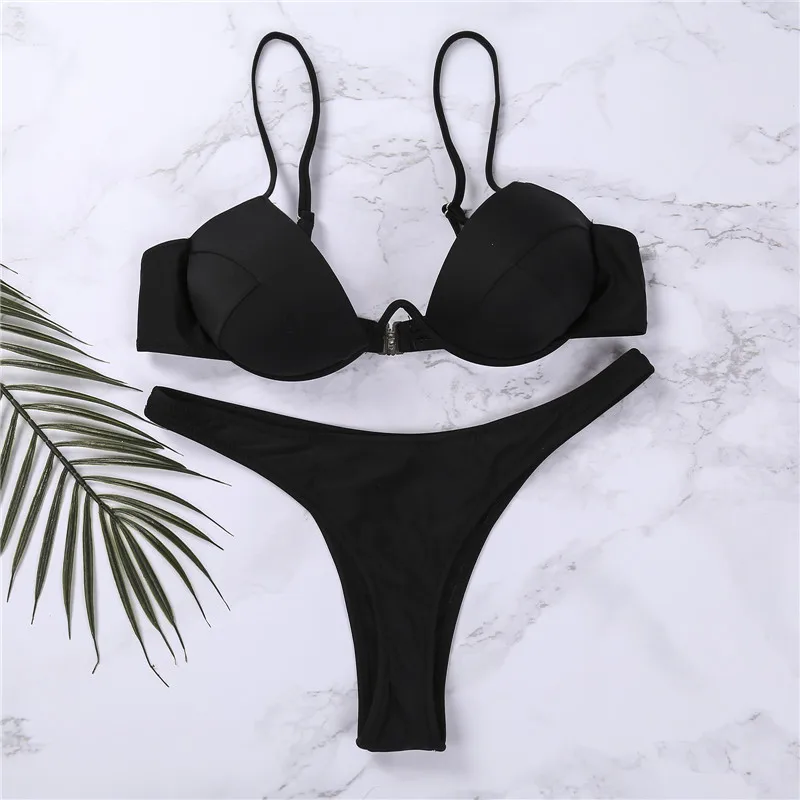 Neue sexy Frauen Push-up-Bikini-Sets solide schwarz weiß niedrig geschnittene Strand Badeanzüge für Frauen V-Ausschnitt gepolsterten Badeanzug