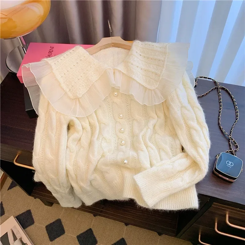 Cute Ruffles Doll Collar Pink Short Sweater Chic Pearl Button Knitted Jumper Pullover 2025 New Spring Long Sleeve Twist Knit Top