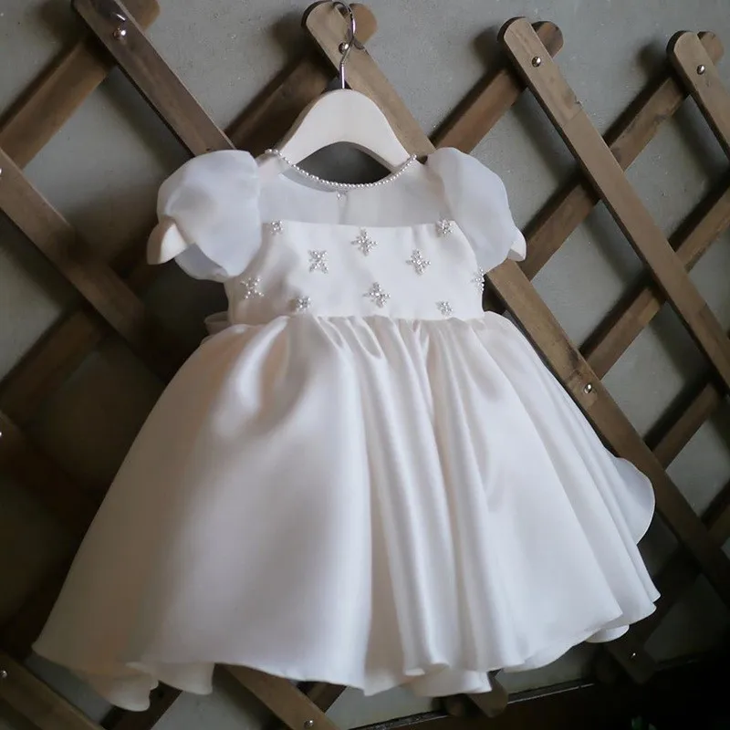 Pearl Baby Wedding Dress Satin 1 years Toddler Birthday Party Gown White Girls Holiday Ceremony Clothes 1-8T