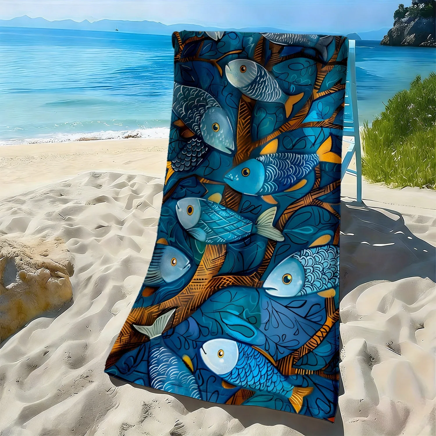 Watercolor pattern of blue fish schools polyester microfiber beach towel is highly absorbent, suitable swimming beach outings