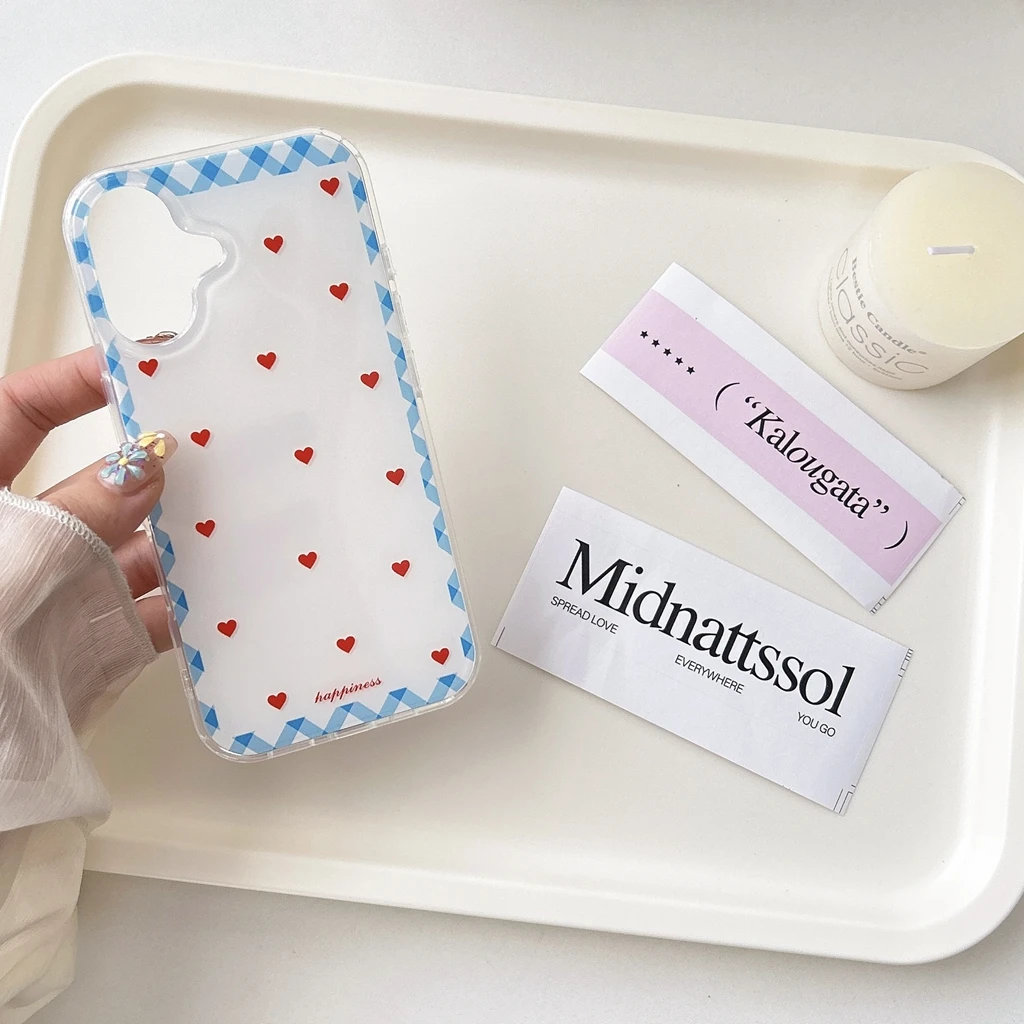 لطيف الطازجة شبكة نمط الأحمر الحب القلب الكرز الحبل صدمة برهان غطاء الهاتف القضية آيفون 17 16 15 14 13 برو ماكس #5