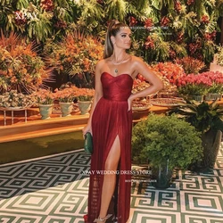 XPAY Sexy Dark Red Silk A Line Evening Dresses For Women Prom Dress Long Split Floor Length Formal Occasion Party Dress