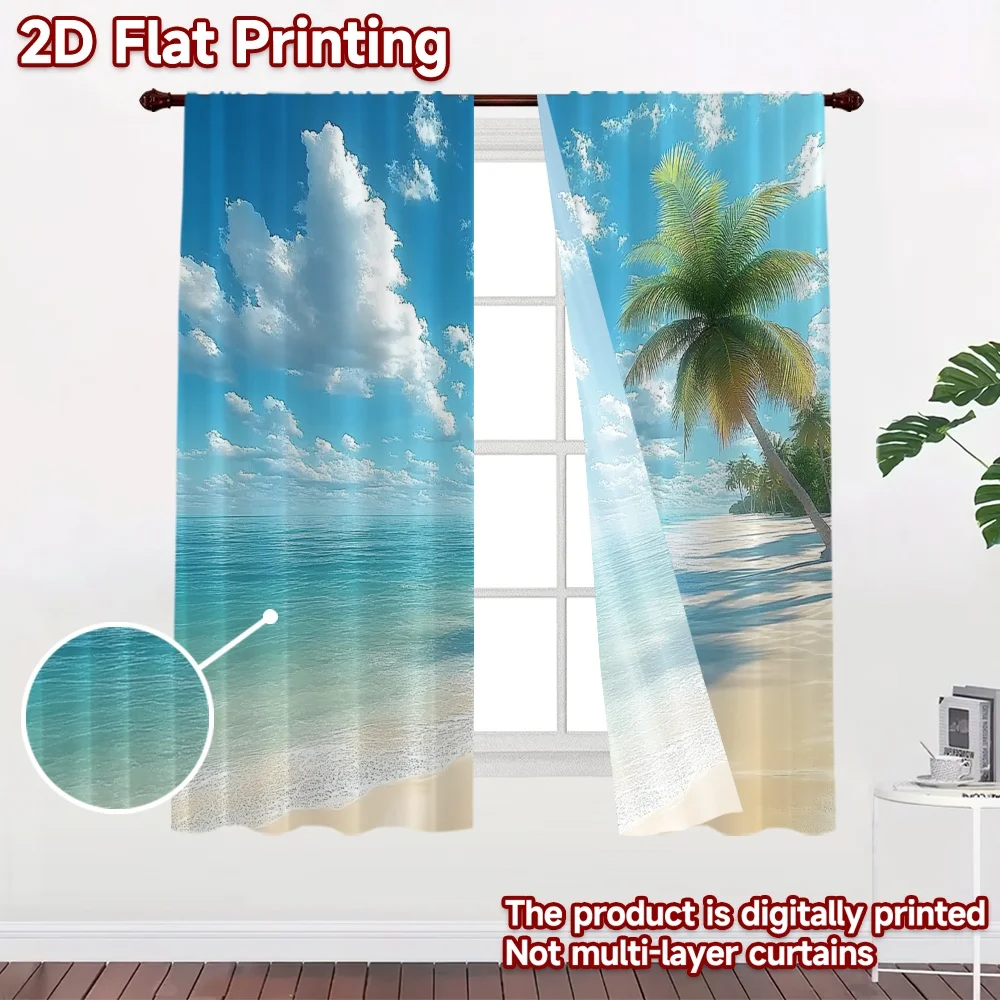 2D flat 2pcs Curtain Vintage drapes and curtains Tropical Beach Paradise (2) Digitally printed polyester, colorfast Party