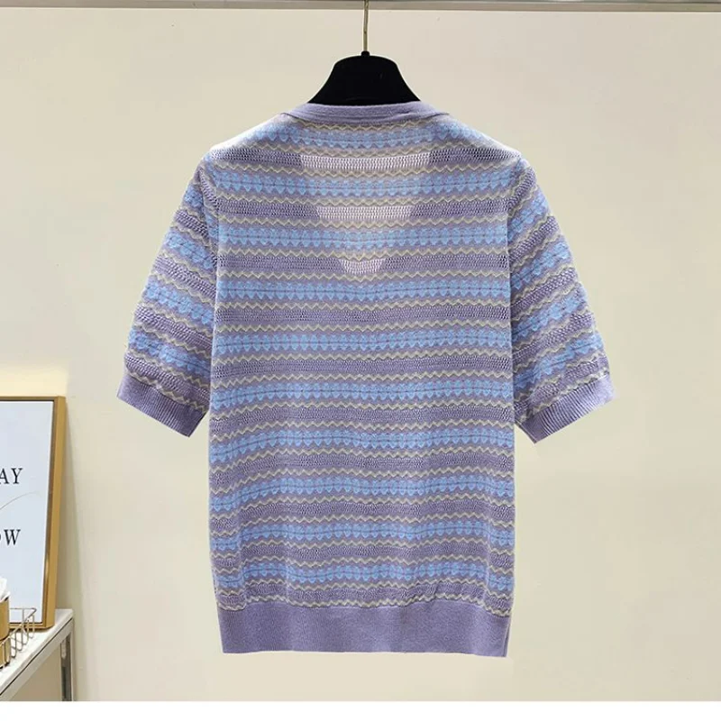 Koreańska prosta luźna sweter z dekoltem typu V-Neck lodowy jedwab koszulka z krótkim rękawem damska letnia z wyciętymi cienkimi kontrastowymi