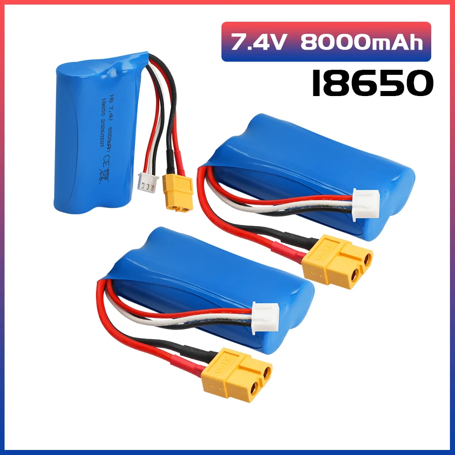 

Литий-ионный аккумулятор 18650 7.4V XT60 8000mAh для радиоуправляемых танков Henglong 3818 3819 3838 3878 3888 3898 3909 3918 3938 3939 масштаба 1/16, запчасти для игрушек