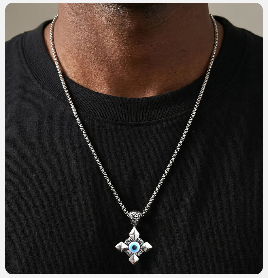 Vnox Halskette mit bösem Blick und Kreuzanhänger, Edelstahl, türkisches Nazar-Amulett, Kastenkette, Schmuck, Geschenk für Männer und Frauen, Geburtstagsfeier – Detail 3