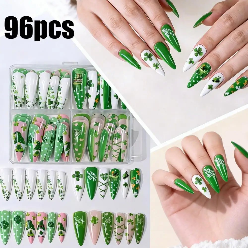 

96Pcs St. Patrick's Day Green Clover Shamrock White Spots False Nails Long Stiletto Press on Nails Full Cover Wearable Fake Nail