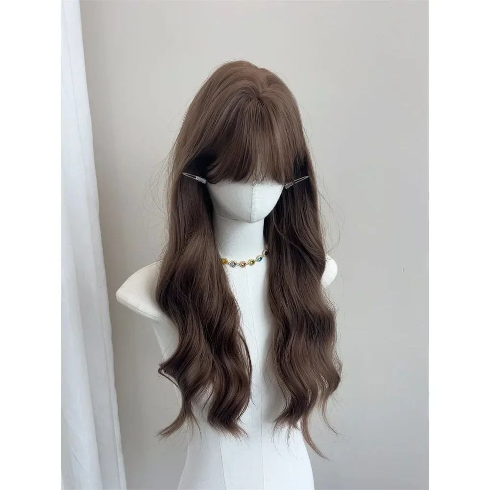 Ashely Wig for Women Brown Long Wavy Wigs with Bangs Wool Curls Long Hair Big Waves Headband Wig Heat-resistant  가발