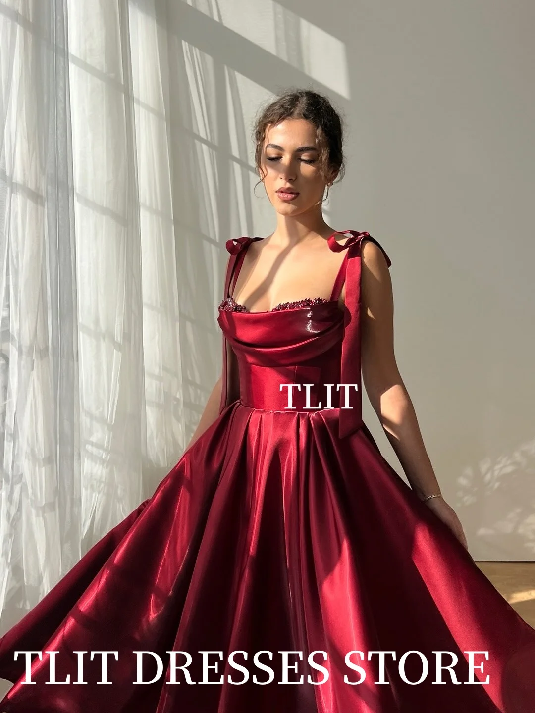 TLIT Sexy Red Short Silk Satin A-Line Evening Gown Dresses Strapless Spaghetti Strap Bow Tie Prom Gowns Customized Formal Party