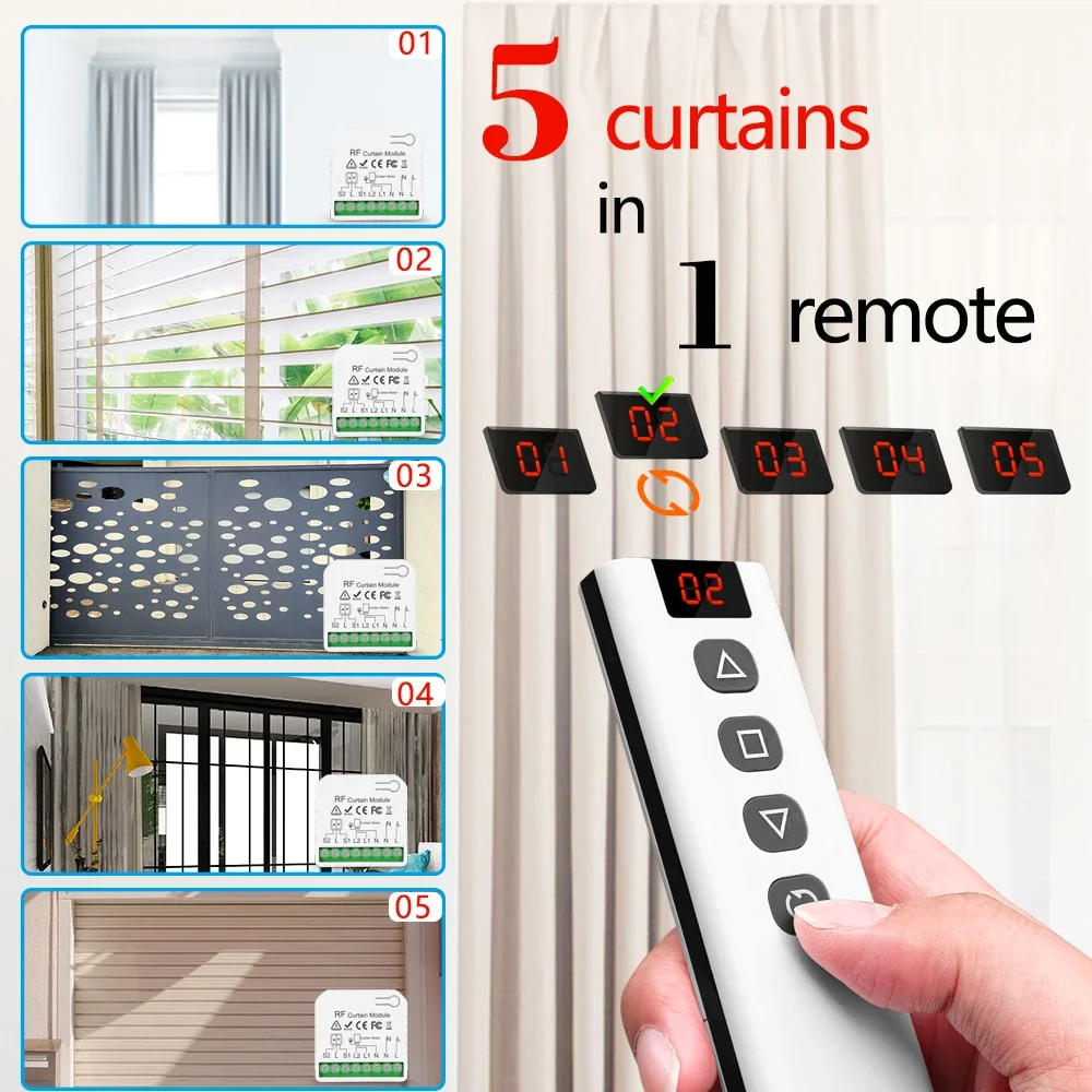 RF 433Mhz Electric Blind Curtain Switch with RF 5 Channels Remote for Electric Roller Shutter Curtain Motor Blinds for Windows