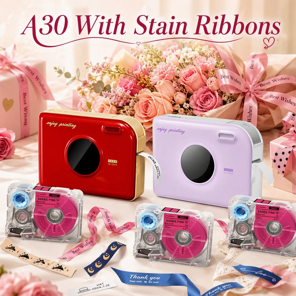 Gift Ribbon Printer Bluetooth Small Label Maker Machine with Tapes Print Custom Text And Icons For Gift Decorations DIY, A30 Set