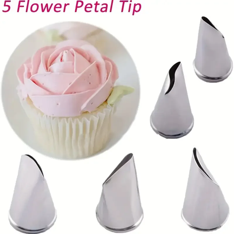 5PCS Rose Petal Nozzles, DIY Stainless Steel Cake Decorating Frosting Piping Nozzles,Ideal Pastry Tools Kit for Backing Cookies