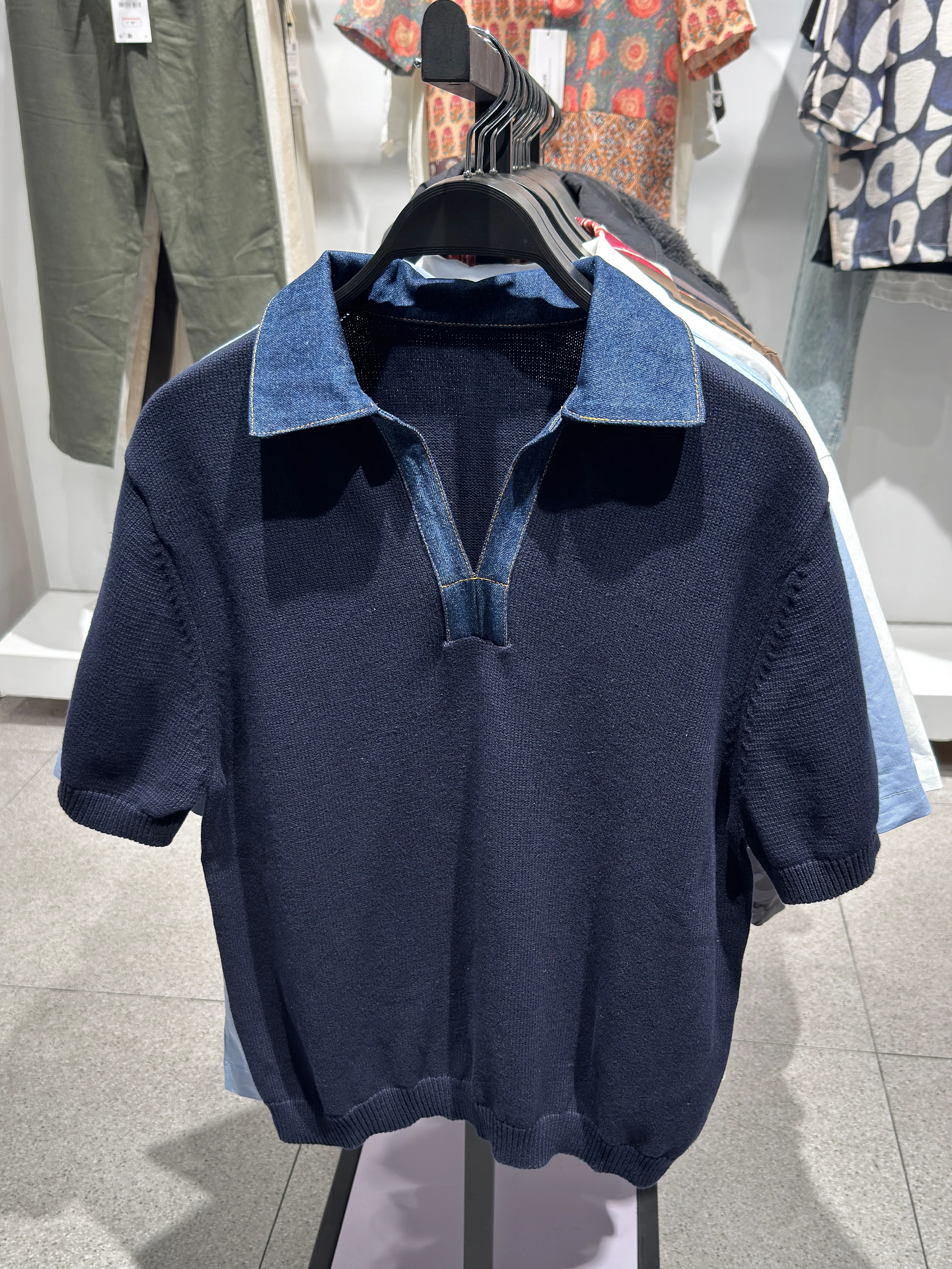 New Summer Men's Knitted Cotton Denim Collar Patchwork Shirt Casual Loose Fit Short Sleeve Moisture Wicking Deformable