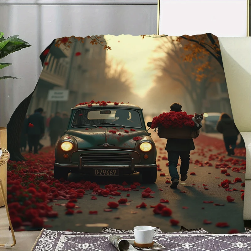 Valentine's Day Present Throw Blanket Red Roses with Cat Meet His Lover 3D-Print Plush Soft Fluffy Blanket Gift for Your Lover