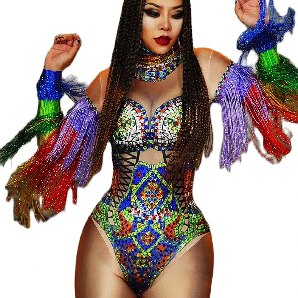 Body brillante con lentejuelas y diamantes de imitación para mujer, trajes de gasa de colores del arco iris, manga larga, flecos, traje de noche