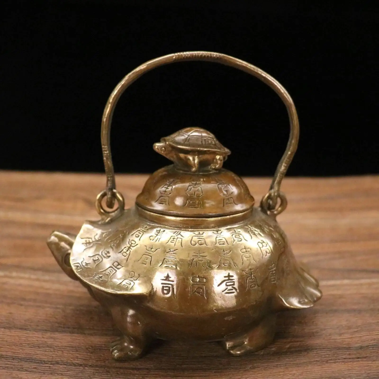 Collect Chinese Old Bronze Copper Hand Made Turtle Shape Words Teapot Decoration