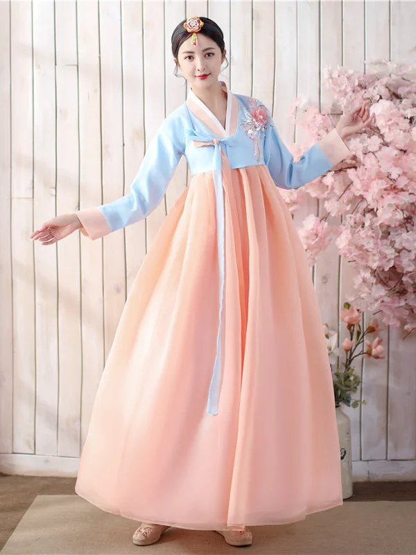 

Traditional Korean Wedding Costume Women's Ethnic Dance Performance Outfit Ancient Korean Dress Flower Yu Yun Brand