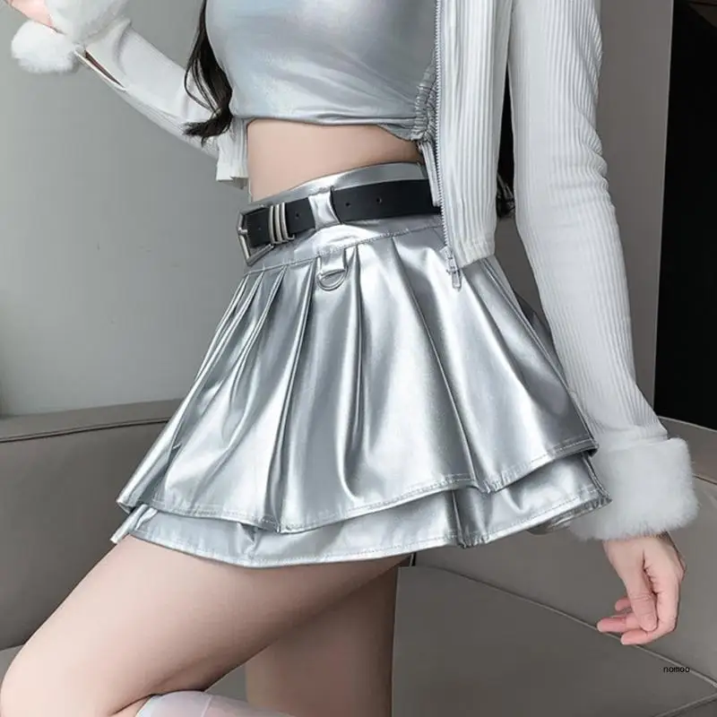 Elegant Pleated Mini Skirt With Belt For Women Comfortable Breathable Fabric Short Dress Metallic PU Skirts