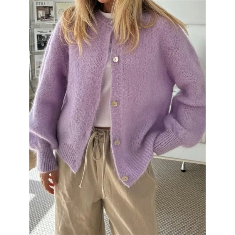 Autumn Leisure O-neck Women's Knit Outerwear Solid Color Cardigan Fashion Long Sleeve Women's Sweater Soft Knit Tops - Detail 1